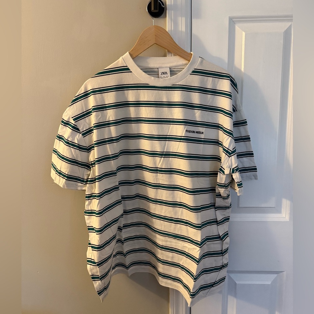 Zara White and Green Striped Shirt